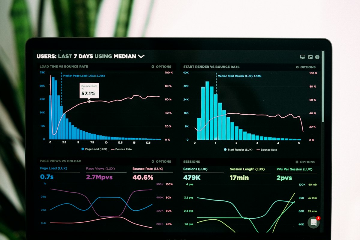 Monitor mit Datenvisualisierung in einem dunklen Arbeitsraum